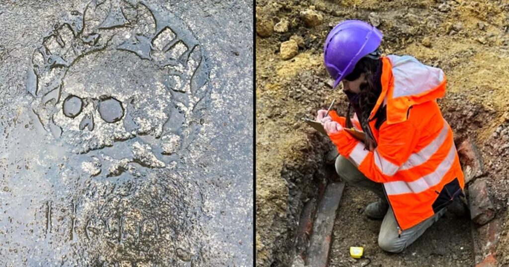 Equipe encontra túmulo com caveira esculpida e coroa de louros em cripta na Inglaterra