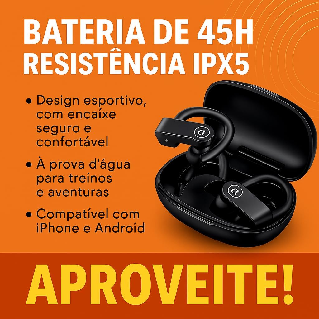 Fone de Ouvido Bluetooth 5.4, IPX5 à Prova D'Água, 45h de Bateria, Com Microfone Embutido. Design Esportivo Ergonômico Ideal Para Esportes Corridas Atividades Físicas Videogame IPhone Android Premium - Imagem 4