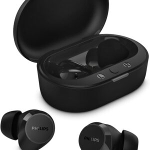 Fone de ouvido sem fio TWS Philips TAT1209BK/00 na cor preto, com bluetooth, microfone, tecnologia IPX4 e 18 horas de reprodução.